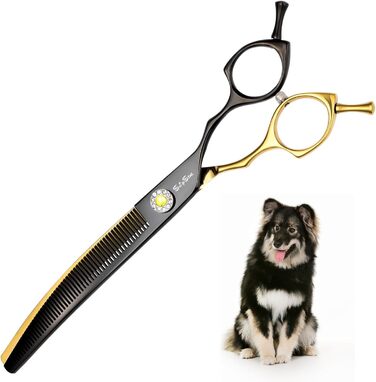 Професійна вигнута ножиця для грумінгу домашніх тварин 7.5 дюймів, 56 зубів, кут вигину 25°, золота, преміум-якість