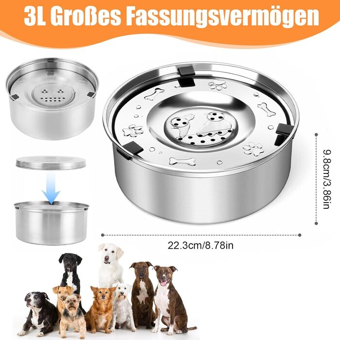 Миска для собак 3L без розливання, нержавіюча сталь, плаваюча годівниця, протиковзаюче дно, для цуценят та кошенят, здорове пиття