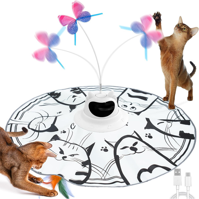 Інтерактивна іграшка для котів Spessn 2-в-1 з електричною пір'ям, 3 режими, USB-зарядка (білий котячий візерунок)