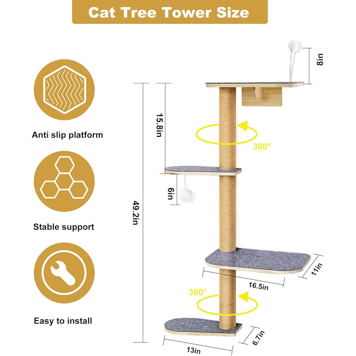 Кліматична стіна для котів Kratzbaum 125 см: 4 яруси, натуральне дерево, міцний фетр, для лазіння, дряпання та ігор