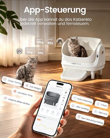 Автоматичний самоочисний лоток для котів XXXL 106Л з керуванням через APP, сходинками та захистом для великих котів та кількох тварин, сіро-білий