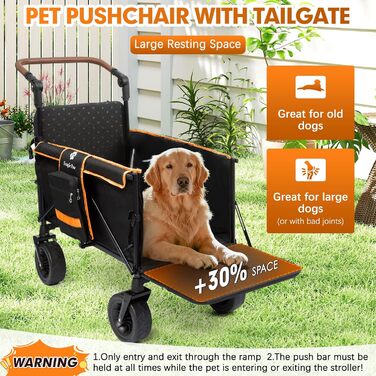 Трансформер для собак великих порід Snagle Paw з дверцятами та рампою, складний, для будь-якого рельєфу, з кишенями для зберігання, регульованою ручкою та гальмом, чорний/помаранчевий