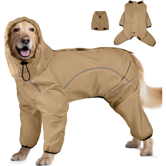 Дощовик для собак, водонепроникна куртка з капюшоном, регульовані 4 лапи, пончо для тварин з отвором для повідка, світловідбиваючі смуги, капюшон, снігостійкий, вітронепроникний, одяг L, Хакі-зелений