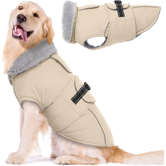 Теплий зимовий одяг для собак Lelepet: водонепроникний пуховик з флісовою підкладкою та отвором для шлейки, великі розміри (XX-Large), з пряжкою, бежевий