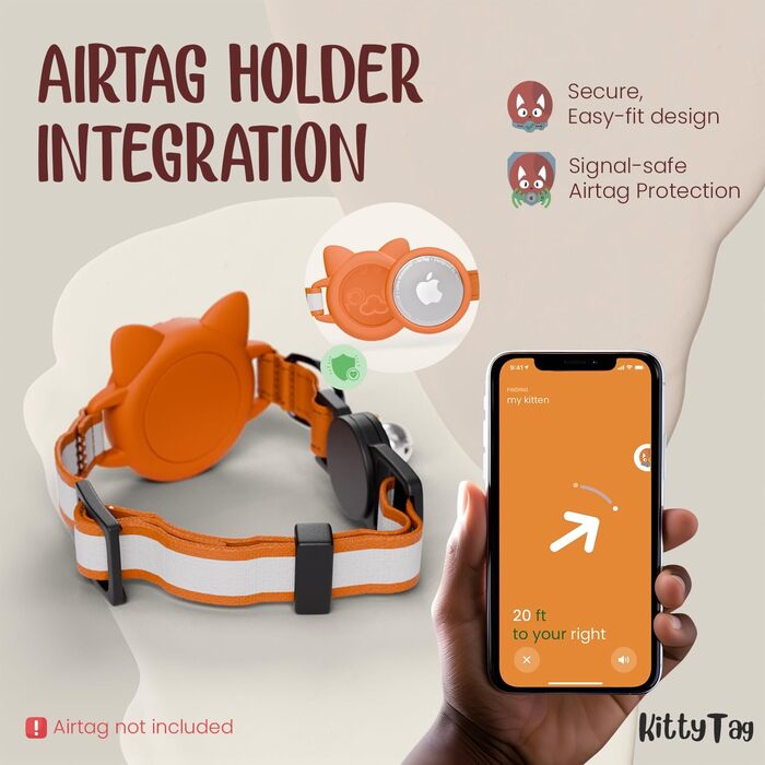 Нашийник для котів KittyTag з аксесуарами, сумісний з Apple Airtag, світловідбиваючий та світосвітлий, GPS, з захистом від задушення, регульований, оранжевий (Airtag не входить до комплекту)