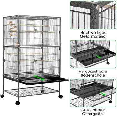 Клітка для птахів велика, металева, на 4 колесах, для хвилястих попугаїв з годівницею, іграшками, гойдалкою, 2 дверцятами, 4 дерев'яними перекладинами, 132 x 78 x 52 см