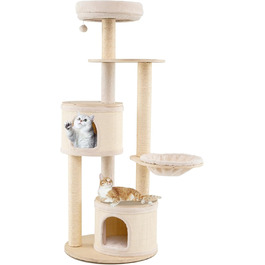 Дерев'яний кігтеточки Costway 143 см: кігтеточки з товстою колоною, сизаль, платформа, сизалеве покриття, іграшковий м'ячик та сходинка. Активний комплекс для котів, 143 см.
