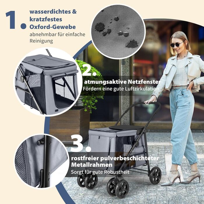 Візок для собак Costway, розкладний, до 40 кг, з подушкою, з сітковими віконцями, верхньою полицею, 2 дверцятами та боковими кишенями, сірий