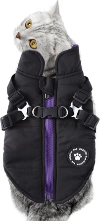 Зимовий теплий одяг для собак - водонепроникна куртка з шлейкою та кільцями, тепла жилетка для цуценят та собак маленьких, середніх та великих порід, чорний, XS