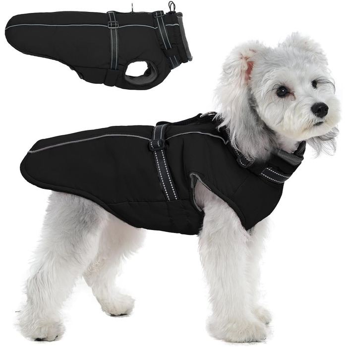 Зимовий теплий куртка для собак PUMYPOREITY з інтегрованою мискою, флісова куртка з відбиваючими елементами, середнього розміру, чорного кольору (Medium)