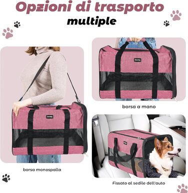 Транспортна сумка для котів та собак, дихаюча та складна, з регульованим плечовим ременем, знімний плюшевий килимок (Рожева, L)
