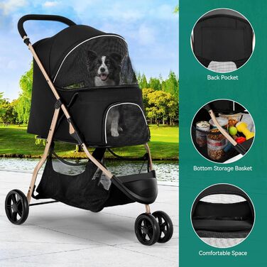 Візок для собак та котів YITAHOME 15 кг, 3 колеса, сітко-вікно, гальма, міцний, чорний