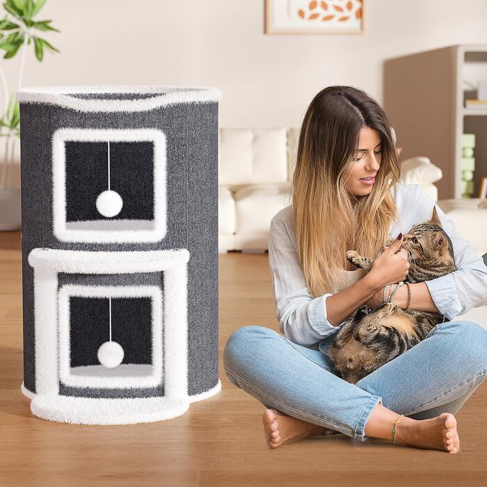 Двоповерхова кімната-будиночок для котів з когтеточкою, платформа та іграшкою, 60x40x40 см / 40x40x60 см