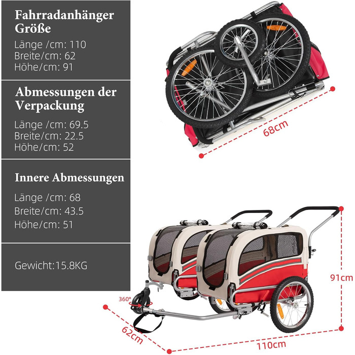 Причеп-біговий візок для собак 2-в-1, до 30 кг, складний, з гальмами, сигнальним прапорцем, для активного відпочинку та дому, червоний