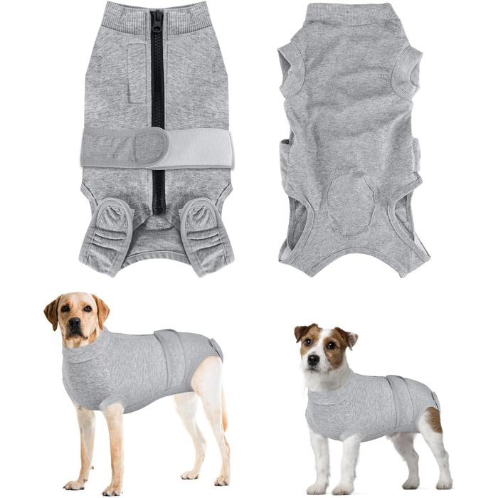 Захисний одяг для собак після операції: комбінезон з блискавкою та липучкою, анти-витікання та захист ран, дихаючий, для собак після операції (Сірий, M)