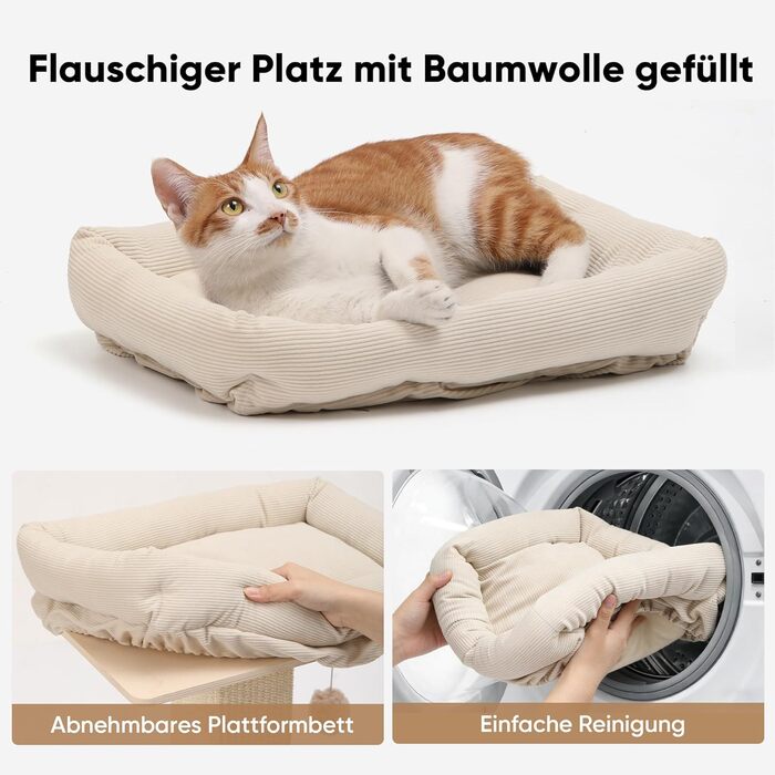 Котячий будиночок FUKUMARU з подряпуванням, 73 см, бежевий. Високий кігтетопор з платформою 46x36 см, з місцем для відпочинку, з натурального сизалю та масивного дерева.