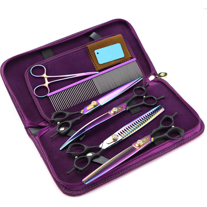 Набір ножиць для собак 7 в 1: прямі та вигнуті ножиці, ножиці для фінальної обрізки, ергономічні ручки. Ідеально для грумінгу та догляду за шерстю вашого улюбленця.