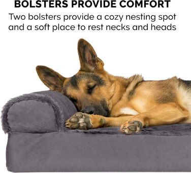 Крісло-лежанка для собак великих порід FurHaven з підголовником та знімним чохлом, плюш та оксамит, L-подібне, сірий колір, Jumbo/XL, 102 x 81 x 20 см