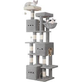 Великий котячий будиночок-кліматизатор, 193 см, XXL, 7 стовпчиків для дряпання, 3 будиночки, 2 платформи, 2 іграшкові кульки, кошик, мотузка для лазіння, багатоповерховий, сірий, MS19218LG