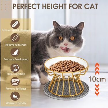 Підвищені годівниці для котів 2 шт. з кераміки з металевим підставкою, миски для котів з силіконовим килимком, станція для годування котів, миски для котів для їжі та води (Золотий)