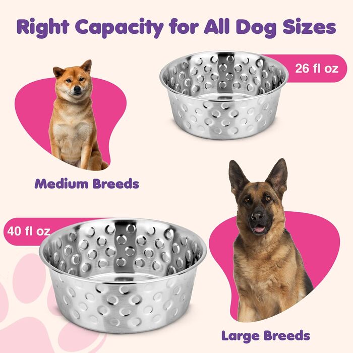 Набори мисок для собак та котів з нержавіючої сталі (2 шт.) – миски для води з неслизьким дном, 600 мл, діаметр 14 см (Candy Dots)