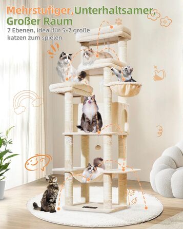 Комплекс для котів Taoqimiao 180 см XXL бежевий: будиночок, платформа, 9 стовпчиків, лежак, кошик - для великих порід (Мейн-кун)