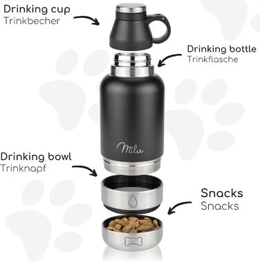 Водяна пляшка для собак Milu 950 мл з мискою для корму - ізольована сталева пляшка для собак, чорна