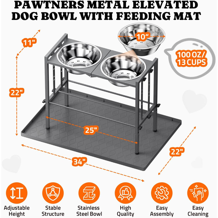 Підвищені годівниці для собак великих порід – металеві годівниці з 3 регульованими рівнями висоти, стійкий підставник для великих та екстра-великих собак, сірого кольору з килимком Large (Об'єм: 13 чашок*2), сірий колір