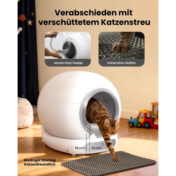 Самоочисний електричний лоток для котів LELO PAWS XXL (74Л) з керуванням через додаток, дезодорацією та шторкою, сріблястий