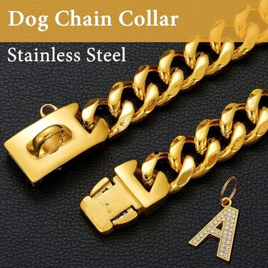Срібний собачий нашийник 15 мм з кулоном, ланцюжок для прогулянок з нержавіючої сталі з кубинськими зв'язками, міцний, не кусається, для собак малих та середніх порід (55 см, золото-19 мм)