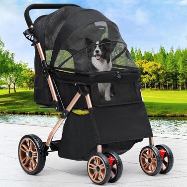 Візок для собак YITAHOME, чорний, для маленьких собак, з обертовим ручками, сітчастими вікнами та гальмами