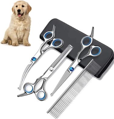 Професійний набір ножиць для грумінгу собак, 7.8 дюймів, 4 в 1, з нержавіючої сталі, з заокругленими безпечними кінцями, для стрижки та вирівнювання шерсті
