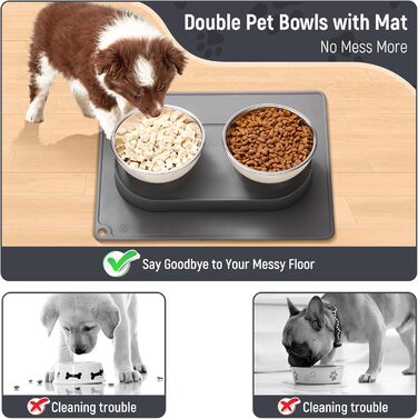 Набір мисок для котів та маленьких собак Marchul: подвійні, з підставкою, з нержавіючої сталі, 15° нахил, з силіконовим килимком