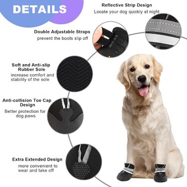4 шт. собачі черевики, захист лап, водонепроникні собачі чоботи з світловідбиваючими ременями, регульовані, миючі, захисники лап для маленьких, середніх та великих собак, чорний