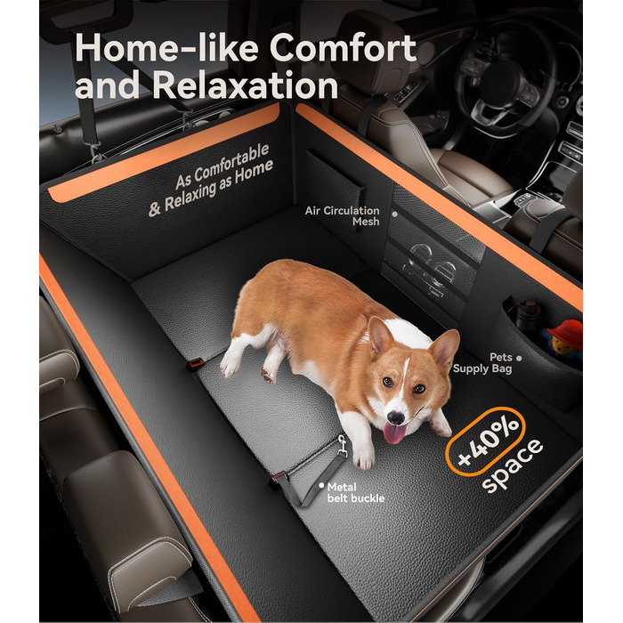 Подовжувач для заднього сидіння автомобіля для собак, преміум PU-шкіра, захисний чохол для сидіння з жорсткою основою, витримує 180 кг, водовідштовхувальний, універсальний, оранжево-чорний