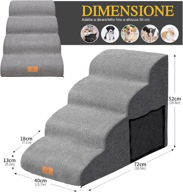 Сходинка для собак Masthome: 3 сходинки, 40 см, для маленьких собак та котів, сіра (губка)