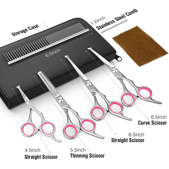 Набір професійних ножиць для грумінгу собак Pawaboo (5 шт.), рожевий