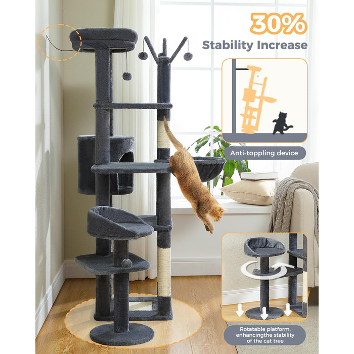 Котячий будиночок Petpela 150 см: багатоярусний котячий комплекс з гамаком, когтеточкою та стійками, сірий