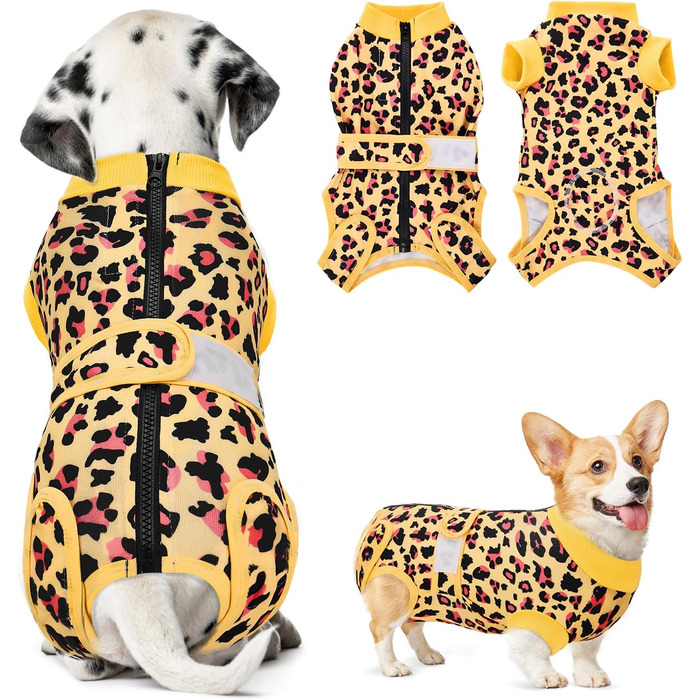 Комбінезон для собак після операції LowTon з м'яким дихаючим захистом від витікання, альтернатива електронного нашийника, підходить для кастрованих собак (самців та самок), (Leopardenmuster-Gelb, XXXXL)