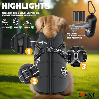 LOVPET® Зимова куртка для собак 2XL, антрацит, утеплена та водонепроникна з вбудованим шлеєю, світловідбивачами, D-кільцем, 45 пакетів для прибирання та диспенсером