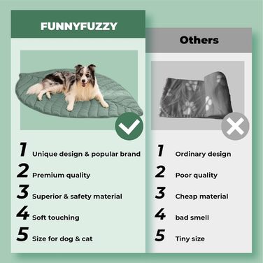 Двостороння ковдра для собак і котів FUNNY FUZZY, 106x142 см, листковий дизайн, зелена, для ліжка, дивана, меблів, машинне прання