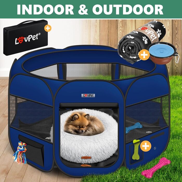 LOVPET® Складаний вольєр для цуценят і дрібних тварин, для собак і котів, з мискою та флісовою ковдрою, переносний вольєр з оксфордської тканини, поп-ап, для дому і вулиці, темно-синій