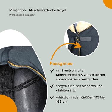 Флісова попона для коня Marengos Royal, графіт, 135 см – кінська попона з хрестовими ременями, м’яким коміром, застібкою на грудях і ременем для хвоста, швидке вбирання вологи, для стайні