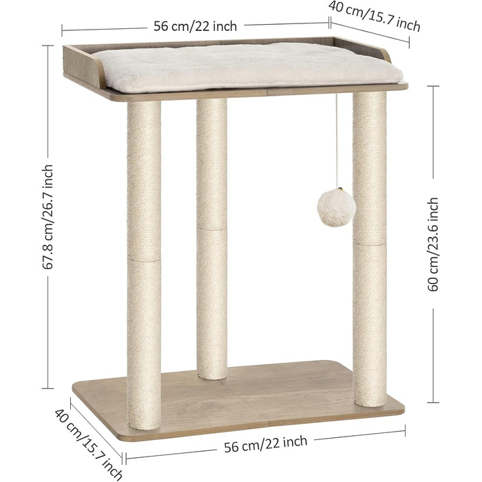 Дерев'яний комплекс для котів FourFurPets, 68 см, з трьома сизалевими стовпчиками, платформами 56x40 см, колір Greige