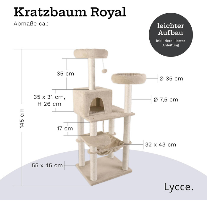 Когтеточка-комплекс Lycce Kratzbaum Royal 145 см: багатоярусна з 10 когтеточками, гніздом, гамаком, 4 платформами, плюшевим м'ячиком, бежева, стабільна, економна