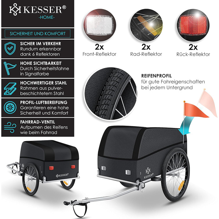 Причіп для велосипеда KESSER® вантажний з високою тягою, 120 л, чорний, з дахом та функцією складання