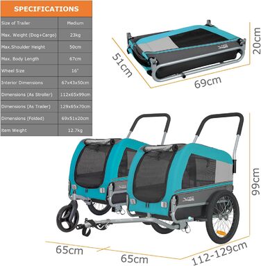 Універсальний візок-перевозник для собак Tiggo VS Pets Medium, 2в1: візок та велосипедний причіп, блакитний