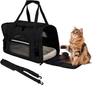 Транспортна сумка для тварин ZSMJAER з підстилкою з флісу, для котів та маленьких собак до 10 кг, чорна
