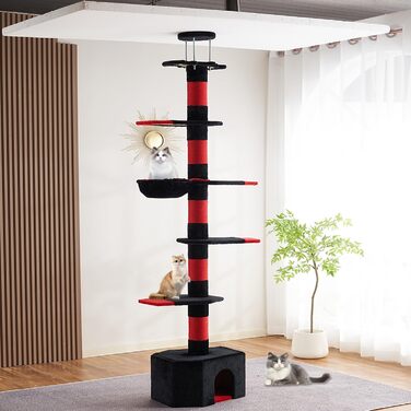 Мекідулу Кігтеточка для котів, 232-280 см, багатоярусна, регульована висота, обмотана чорним оксамитом та червоним сизалем (чорний, червоний)