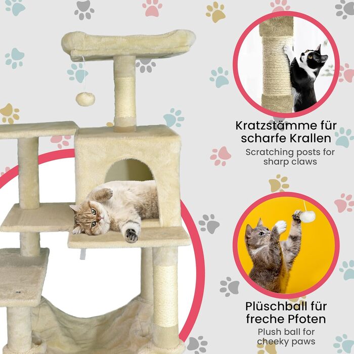 Кігтеточка-будиночок для котів DEFACTO, 143 см, з 4 кігтеточками, 2 платформами, гамаком (BEIGE)